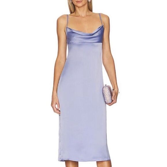 WeWoreWhat WWD18-1 Women's Sz 0 Slate Blue Cowl Midi Satin Charmeuse Dress - Picture 13 of 14